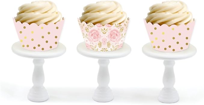 Andaz Press Party Cupcake Wrapper Decorations, Pink Roses and Pink with Metallic Gold Ink Polka Dots, 24-Pack, Girl Baby Shower 1st Birthday