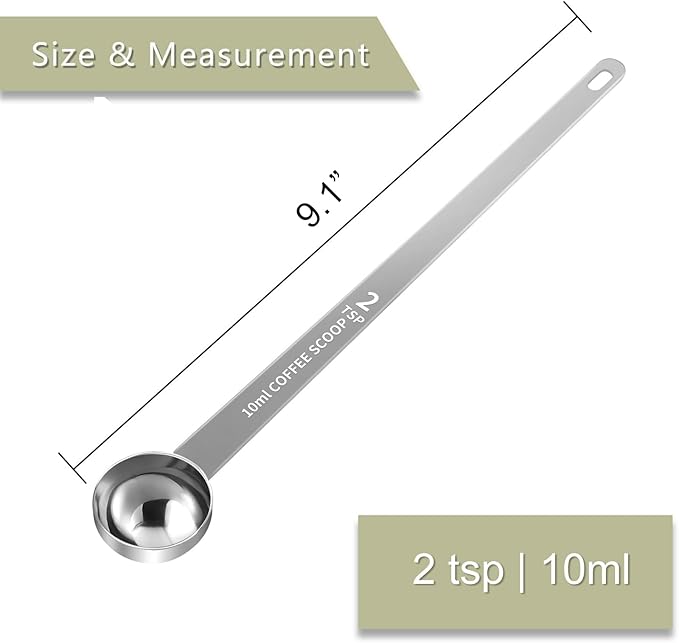 2PCS 2 Teaspoon Coffee Scoop, 9.1" Long Handle Measuring Spoon, 2tsp (10 ml) Stainless Steel Scooper