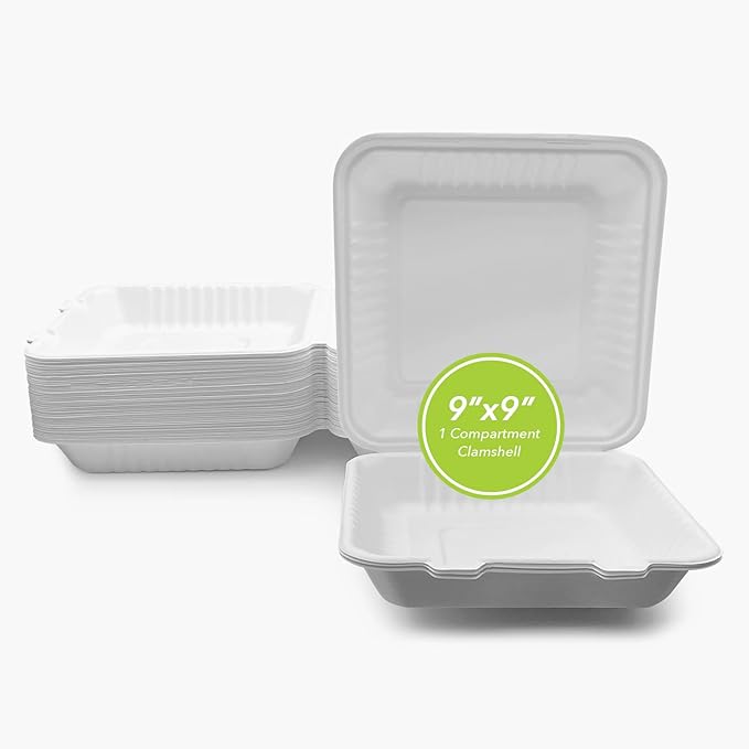 three leaf 9" X 9" 1 COMPARTMENT BAGASSE CLAMSHELL, 100 Ct. Heavy-Duty- Super Strong- Natural- Eco-Friendly Disposable Bagasse Clamshell, 100% Biodegradable 9 inch clamshell