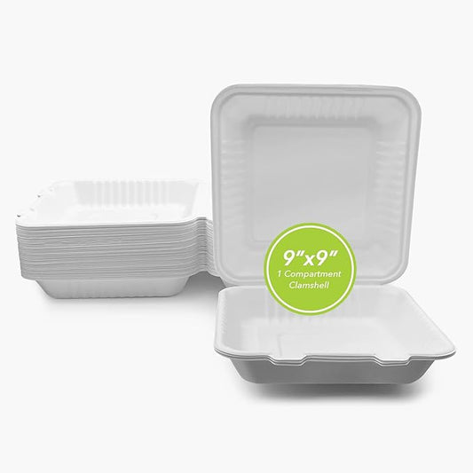 three leaf 9" X 9" 1 COMPARTMENT BAGASSE CLAMSHELL, 100 Ct. Heavy-Duty- Super Strong- Natural- Eco-Friendly Disposable Bagasse Clamshell, 100% Biodegradable 9 inch clamshell