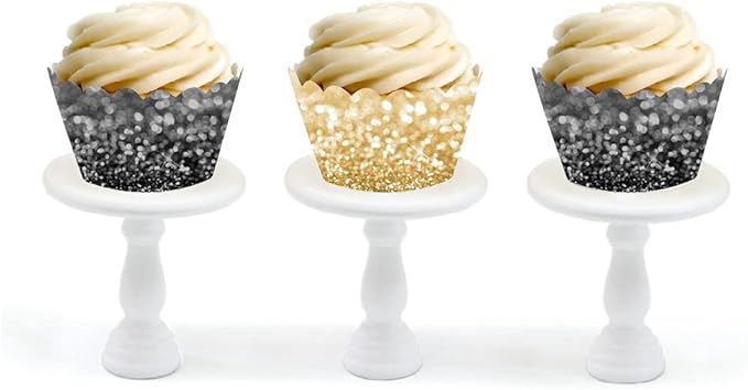 Andaz Press Cupcake Wrapper Decorations, Faux Black And Gold Glitter Not Real Glitter 24-Pack Milestone Birthday Black And Gold Graduation Decorations Gold Cupcake Wrappers Graduation Cupcake Wrappers