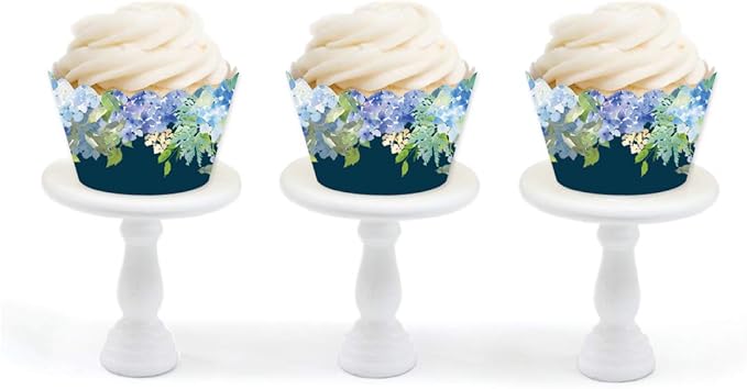 Andaz Press Party Cupcake Wrapper Decorations, Baby Blue Hydrangeas on Navy Blue, 24-Pack, For Girls 1st Birthday Baby Bridal Shower Tea Party Themed Decorations