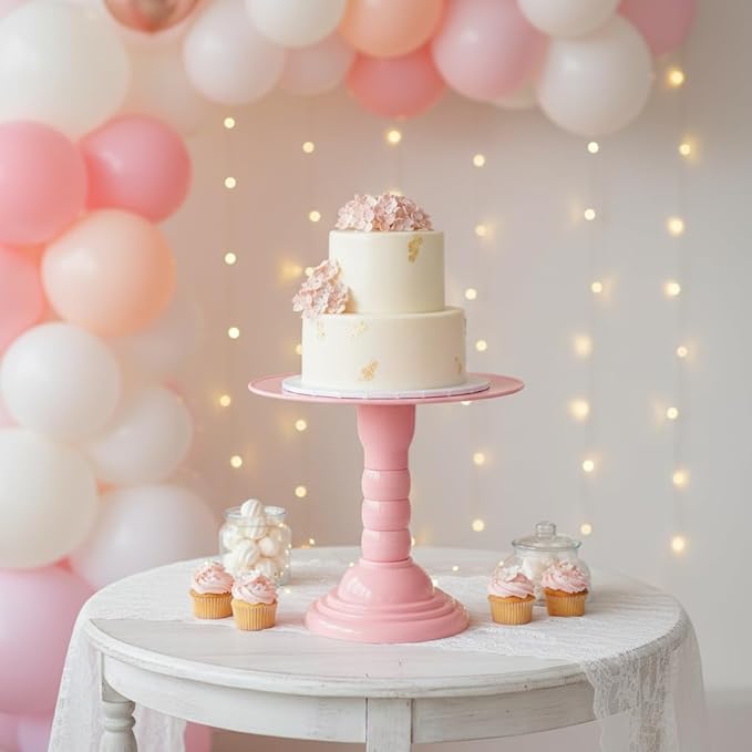 Mirandinha Store - Tall Plastic Round Baby Pink Cake Stand for Wedding, Birthday Party, Graduation, Celebration - Cupcake Stand, Cake Holder, Candy Display, Dessert Tray 4 Heights Adjustable