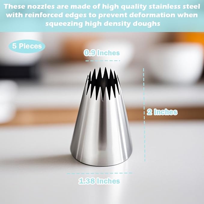 Hendiy 5 Pieces Churro Piping Tips, Stainless Steel 9FT Large Piping Tip Churro Maker Icing Tips, Pastry Tips for Cake Decorating Frosting Tip