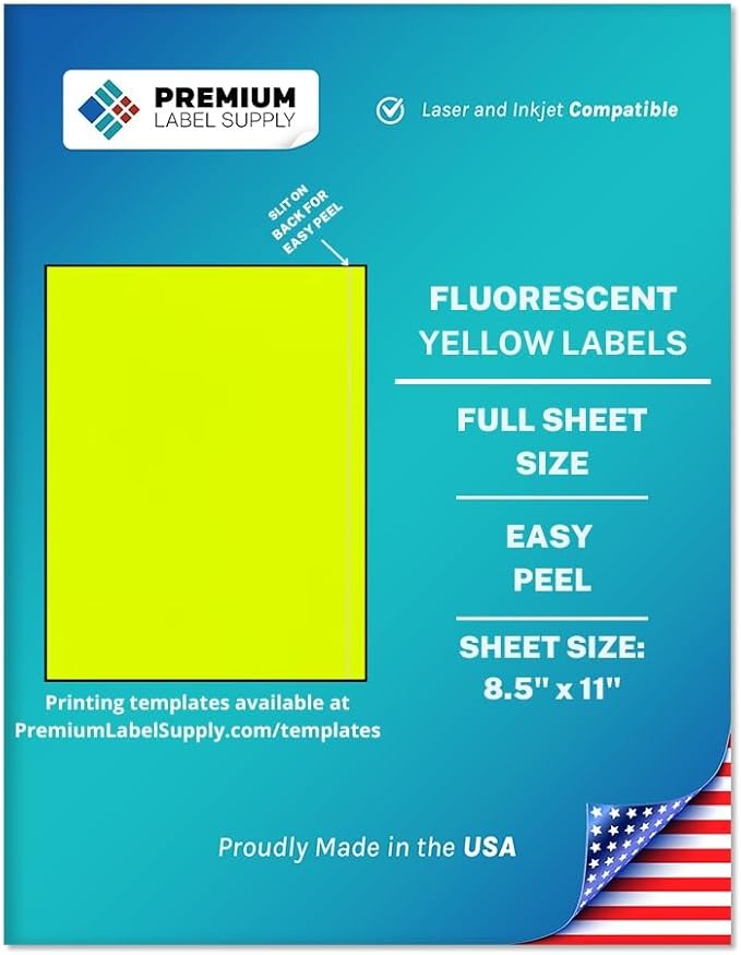 Premium Label Supply Bright Neon Color Fluorescent Sticker Labels - 8.5" x 11" Full Sheet Labels - (Fluorescent Yellow, 100 Sheets)