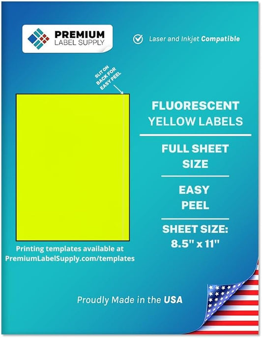 Premium Label Supply Bright Neon Color Fluorescent Sticker Labels - 8.5" x 11" Full Sheet Labels - (Fluorescent Yellow, 500 Sheets)