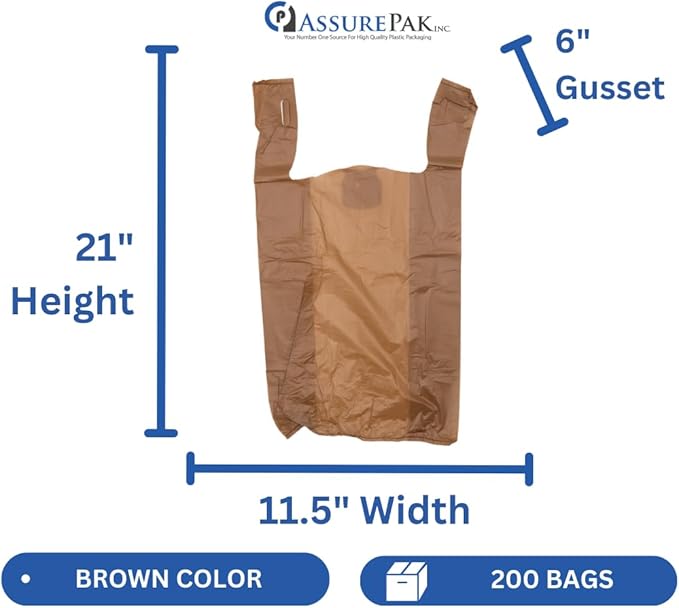 ASSUREPAK Brown HDPE T-Shirt Plastic Bags for Retail, Groceries, Merchandise, Convenience Store, Supermarket, Restaurant - 1/6 BBL, 11.5"X6"X21" - Pack of 200 Bags, 13 Microns - Unprinted (Brown)
