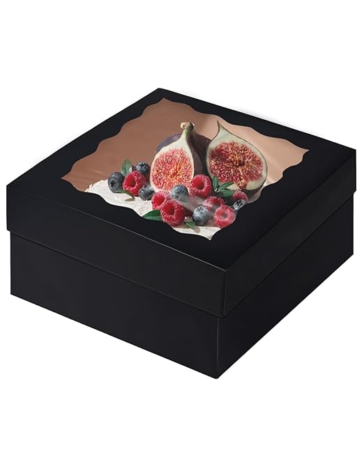 qiqee 12x12x6 Cake Box, 18 Sets Black Cake Box with Window ＆ 18 Sets 8" Cake Round Boards, 8inch Cake Containers, 10 Meters Silk Ribbon