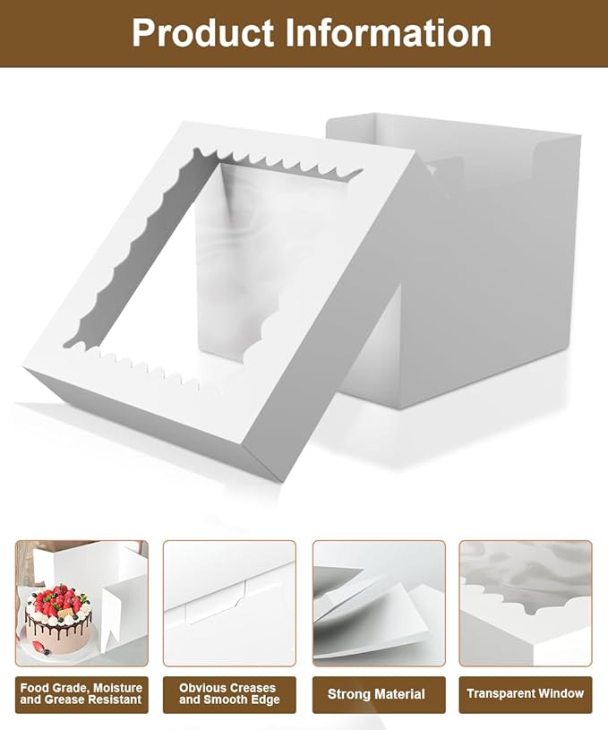 15-Pack 8x8x8 Inch Bakery Boxes with Shatter-Proof Window - Premium Food Grade Cake Packaging for Weddings, Birthday Parties & Gifts | Greaseproof, DIY Customizable Pastry Boxes
