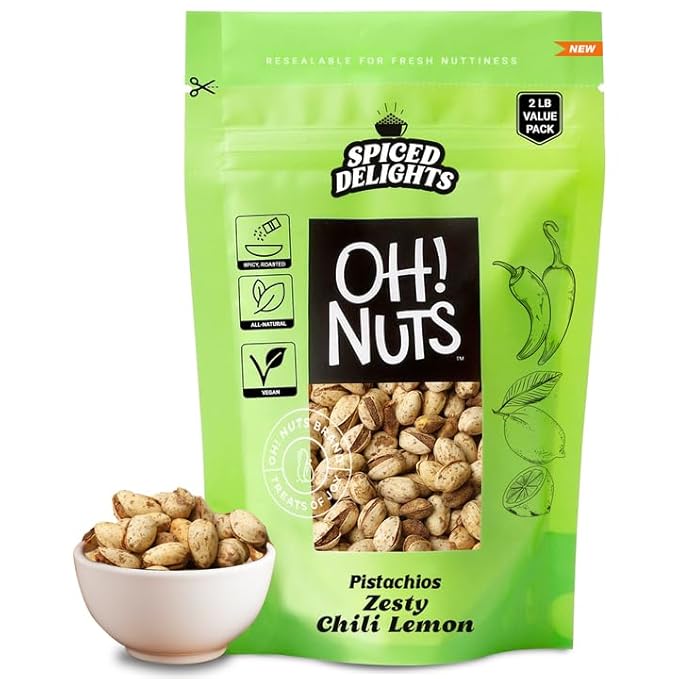 Oh! Nuts Spiced Pistachios with Chili Lemon Flavor, 2 LB – Bold & Tangy Snack, Tajin-Style Seasoning, Chili Roasted Nuts – Packed in Freshness-Sealed Resealable Bag