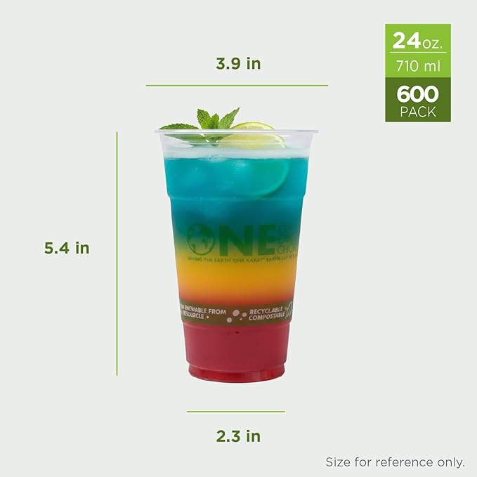 Karat Earth [600 ct - 24 oz] Compostable PLA Plastic Cups, BPI Certified Disposable Renewable Cold Cups for Iced Coffee, Smoothies, and More | Green Line