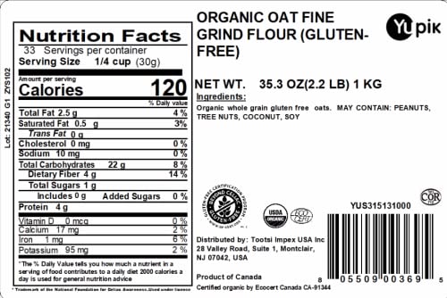 Yupik Organic Oat Flour, Gluten-Free, 2.2 lb (35.2 oz), Non-GMO, Vegan, Kosher, Finely Ground Whole Grain Oats, Salt-Free, Oil-Free, Fine Meal, Good Source of Fiber, Ideal for Baking & Cooking