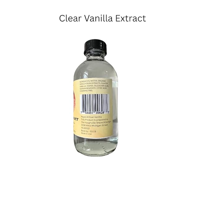 Royal Artisan Clear Vanilla Extract, with real vanilla bean, Organic, colorless; ideal for white icings, buttercream, light cakes and beverages; clean flavor; 8 fl oz (240 ml) glass bottle
