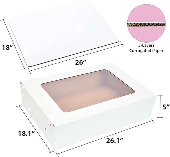 JJO 26x18x5 Inch Full Sheet Cake Boxes with Thick Cake Boards,5 Pack-Large Bakery Boxes Corrugated Rectangle Cake Boxes for 26x18 Inch Sheet Cake,Donuts,Brownie,Pastry Baking,Muffins,Cupcake