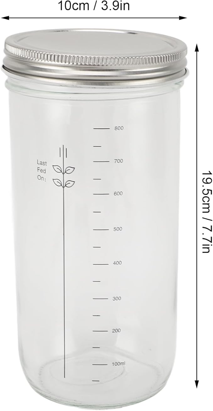 Sourdough Bread Starter Kit, Glass Jar with Markings and Thermometer for Ideal Yeast Fermentation, Bread Making Supplies for Home Bakers, 1000ml, 34oz