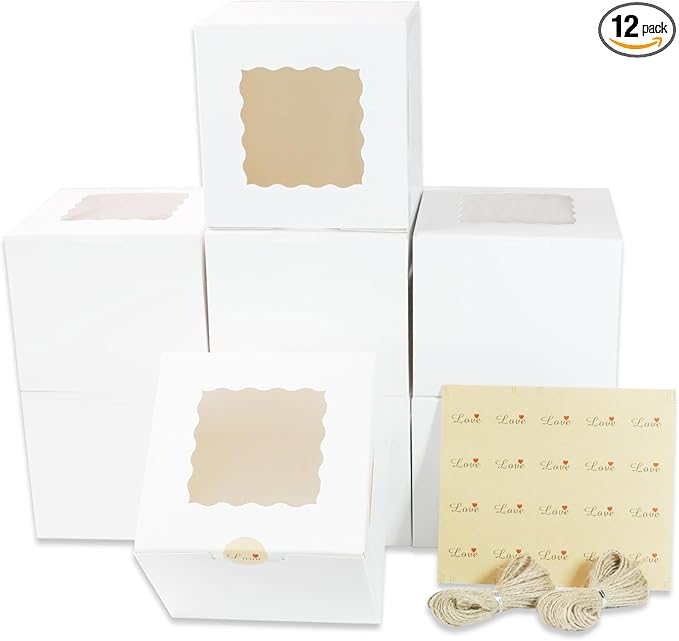 12Packs mini cake boxes，White 6 inch cake box 6 * 6 * 5 Inch bento cake box with Window, Dessert boxes Pastry boxes Cupcake boxes Cookies boxes