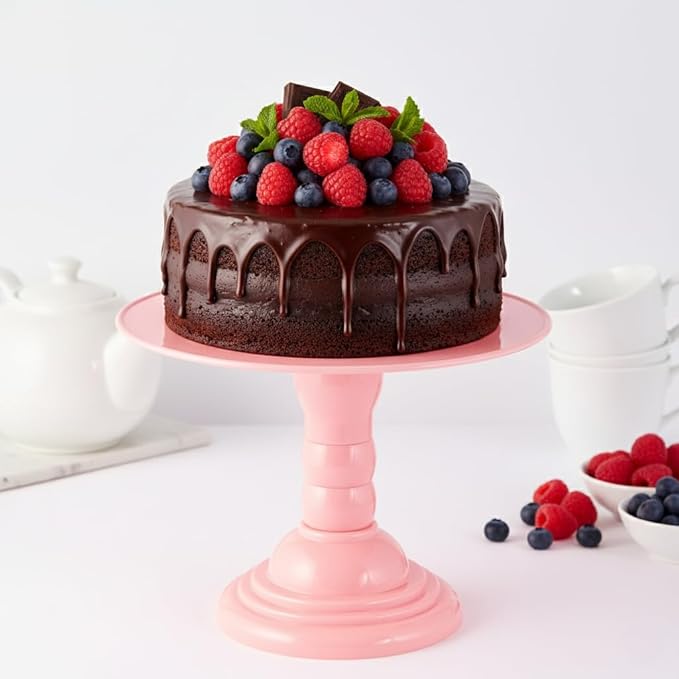 Mirandinha Store - Tall Plastic Round Baby Pink Cake Stand for Wedding, Birthday Party, Graduation, Celebration - Cupcake Stand, Cake Holder, Candy Display, Dessert Tray 4 Heights Adjustable