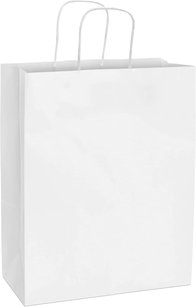 Prime Line Packaging White Paper Bags, Kraft Gift Bags with Handles for Small Business, Shopping, Take-out Goodie, Bistro, Boutique, Bulk, 10x6.75x12, 100 Pack