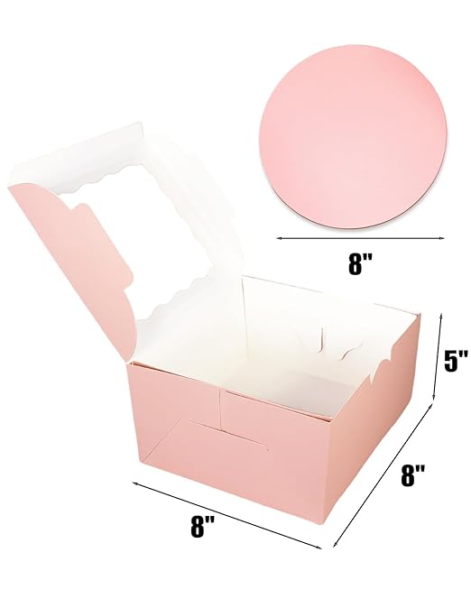 qiqee 8x8x5 Cake Box, 18 Sets Pink Cake Box with Window ＆ 18 Sets 8" Pink Cake Round Boards, 8inch Cake Containers
