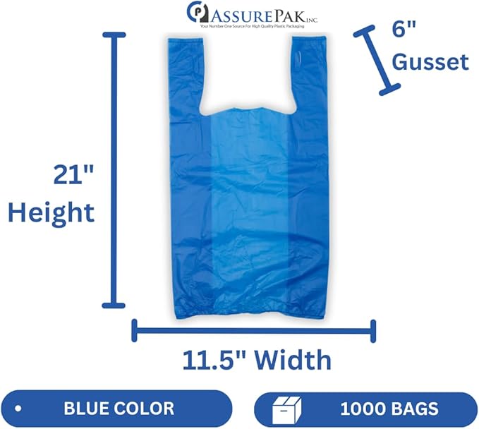 Easy Open - 1000 Bags- Colored Unprinted HDPE T-Shirt Bags - 1/6 BBL 11.5"X6"X21" - 13 microns - Blue - LOOP-BLUE-EO - AssurePak