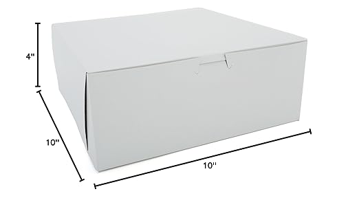 Southern Champion Tray 0973 Premium Clay-Coated Kraft Paperboard White Non-Window Lock Corner Bakery Box, 10" Length x 10" Width x 4" Height, White (Case of 100)