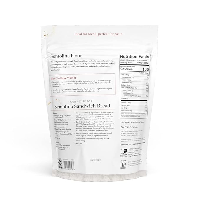 King Arthur Semolina Flour, Coarse Ground, High Protein Durum Wheat, Kosher, 3lbs,White (Pack of 2)