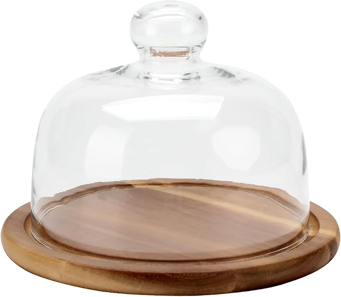 8.6''Cake Stand with Glass Dome, 2-in-1 Acacia Wood Cheese Cupcake Decorative Tray, Glass Dome with Base, 6.6" Cake Fruit Display Server Platter for Kitchen, Party, Appetizer (Wood 8.6 inch)