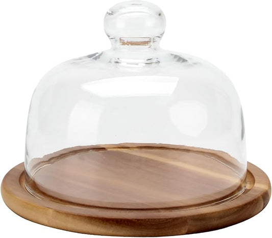 8.6''Cake Stand with Glass Dome, 2-in-1 Acacia Wood Cheese Cupcake Decorative Tray, Glass Dome with Base, 6.6" Cake Fruit Display Server Platter for Kitchen, Party, Appetizer (Wood 8.6 inch)