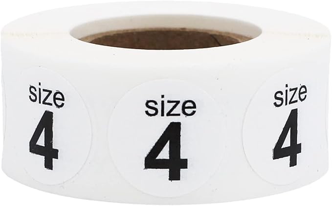 Shoe Size 4 White Stickers - 3/4 Inch Round, 500 Semi-Gloss Adhesive Labels Per Roll for Retail, Footwear Inventory, and Organization - Made in The USA