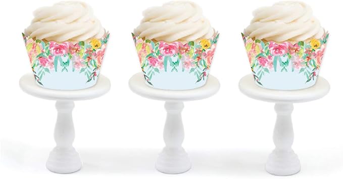 Andaz Press Cupcake Wrapper Decorations - Tea Party Pink Roses on Baby Blue, 24-Pack for Girls' 1st Birthday or Bridal Shower