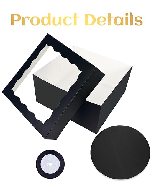 qiqee 12x12x6 Cake Box, 18 Sets Black Cake Box with Window ＆ 18 Sets 8" Cake Round Boards, 8inch Cake Containers, 10 Meters Silk Ribbon