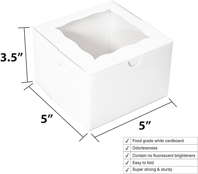 Cookie Boxes with Window 5x5x3.5 Inch[50 Pack] Premium White Bakery Boxes,Mini Treat Box, Pastry Box for Mini Bundt Cake and Individual Cheesecakes