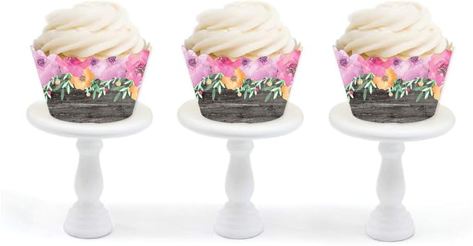 Andaz Press Party Cupcake Wrapper Decorations, Pink Floral Flowers on Gray Wood, 24-Pack, For Girls 1st Birthday Baby Bridal Shower Tea Party Themed Decorations
