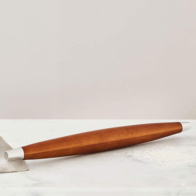nambe Novo French Rolling Pin | Acacia Wood Roll Pin for Fondant, Pie Crust, Cookie, Pastry, Dough | Tapered Design & Smooth Construction | Essential Kitchen Utensil