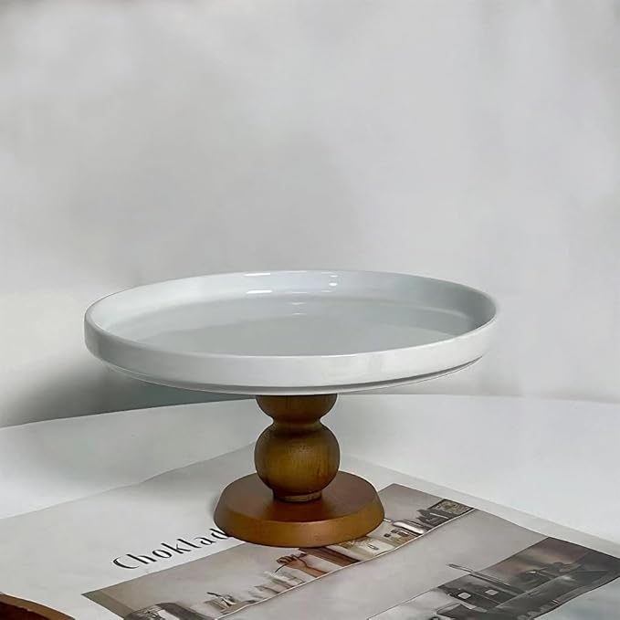 White Cake Stand Small Mini Cake Pedestal Plate Stand, 6 inch Vintage Ceramic Round Wood Pie Stand for Party Wedding, Candle Jewelry Decorative Tray (Brown Wooden High-Foot)