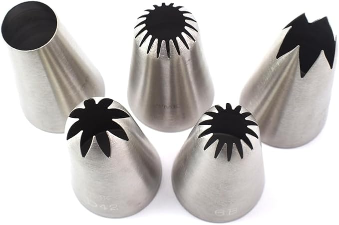 5 Pack Stainless Steel Seamless Piping Icing Tips 1M 1A D66 D42 6B, Large Piping Nozzle, Cake Decorating Tools for Cupcake Baker