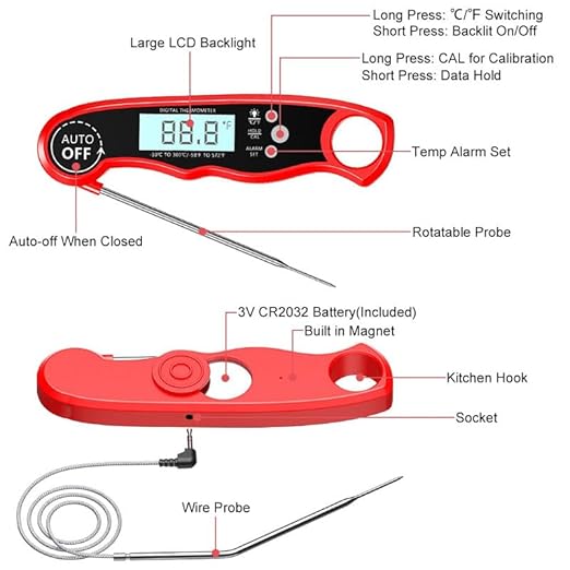 Meat Thermometer Digital, Instant Read Food Thermometer with Dual Probe, Backlight LCD Display, Calibration Function, Kitchen Accessories for BBQ Grill, Christmas Stocking Stuffers for Men