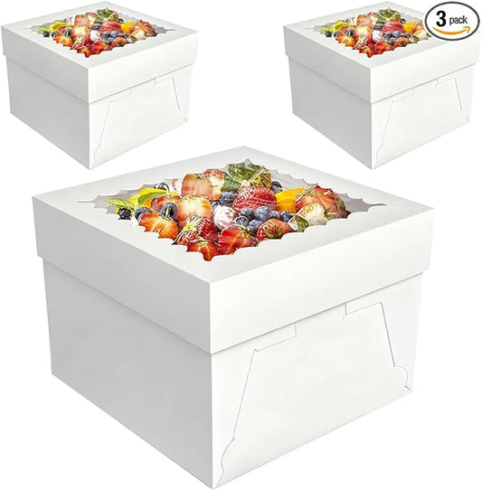 3 Pack Cake Boxes, 10x10x8 Inches Tall Cake Box with Cake Boards, White Bakery Boxes with Window, Disposable Cake Containers with Lids for Cake, Donuts, Pies, Cookies, Wedding, Birthday, Party