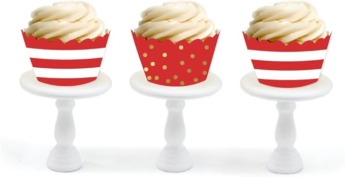 Andaz Press Party Cupcake Wrapper Decorations, Red Stripes and Metallic Gold Ink Polka Dots, 24-Pack, Theme Colored Bulk Cake Supplies