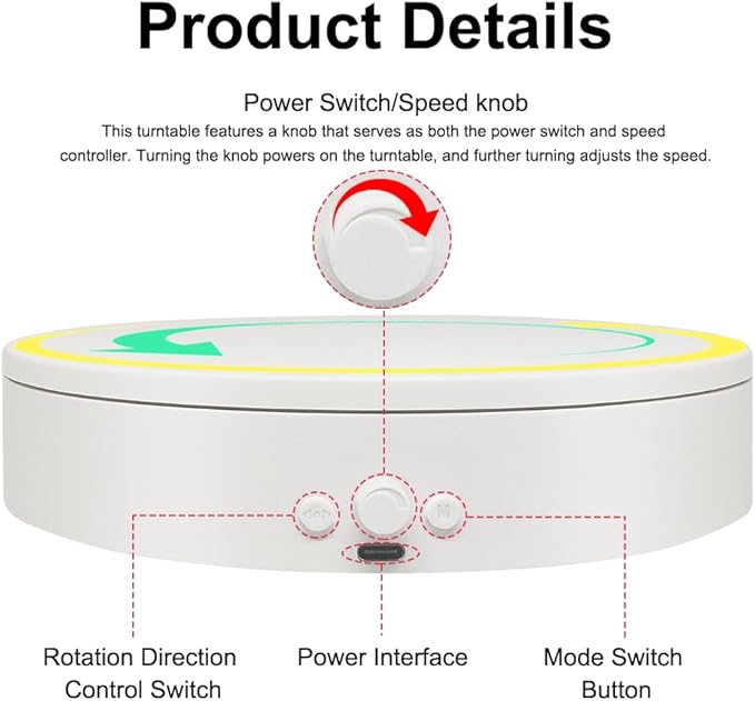 Rotating Display Stand with Type-C Power Cable, Motorized Turntable Adjustable Speed and Direction for Jewelry Photography, Spinning Platform for Product Shooting and Displaying (white, 5.9'')