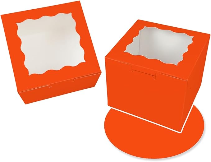 Bakepacker 36pcs 8x8x5 Inches Cake Boxes with Window 18-Packs Orange Cake Boxes 8 Inch Bakery Boxes (18 Cake Boxes +18 Cake Boards Included)