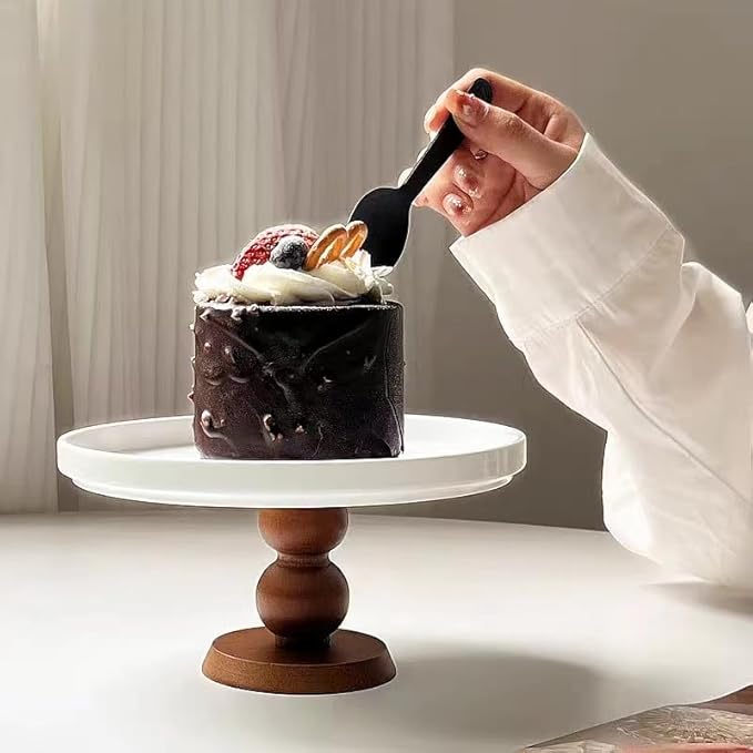 White Cake Stand Small Mini Cake Pedestal Plate Stand, 6 inch Vintage Ceramic Round Wood Pie Stand for Party Wedding, Candle Jewelry Decorative Tray (Black Wooden High-Foot)