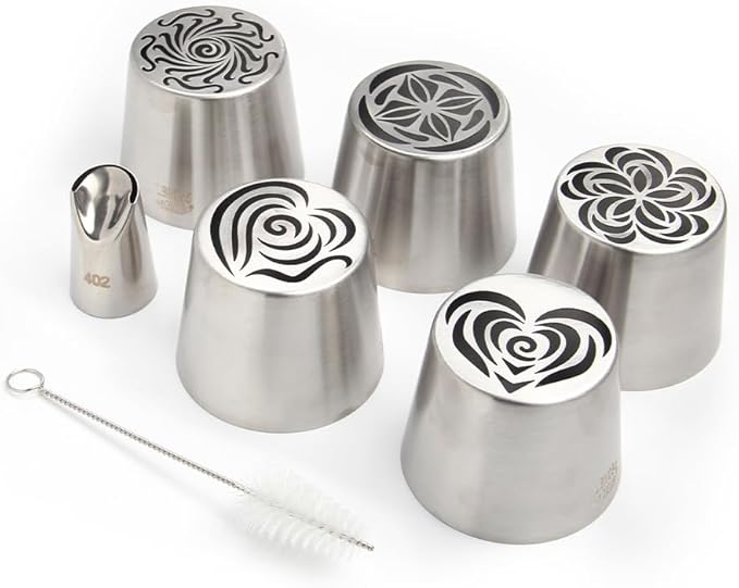5 Pieces Stainless Steel XXL Russian Icing Nozzle Kit with 1 Ruffle Tip & 1 Clean Brush,Cake Decorating Frosting Piping Tip,Pastry Baking Tools