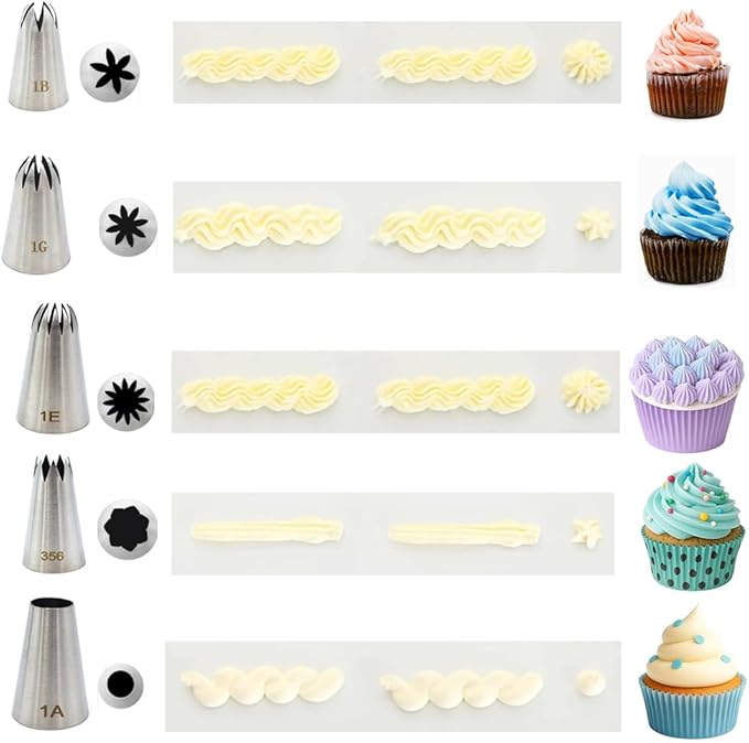5 Pack Stainless Steel Seamless Piping Icing Tips 1G 1E 1B 356 1A, Large Piping Nozzle, Cake Decorating Tools for Cupcake Baker