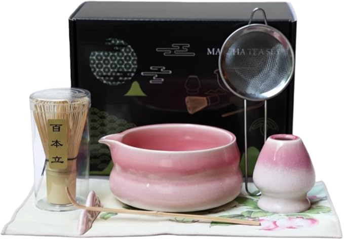 Matcha Whisk Set, 7 Pcs Kit Includes Ceramic Bowl, Traditional Bamboo Whisk and Holder, Scoop, Scoop Rest, Sifter and Tea Towel - Perfect for Matcha Lovers and as gifts (Suntset Pink)