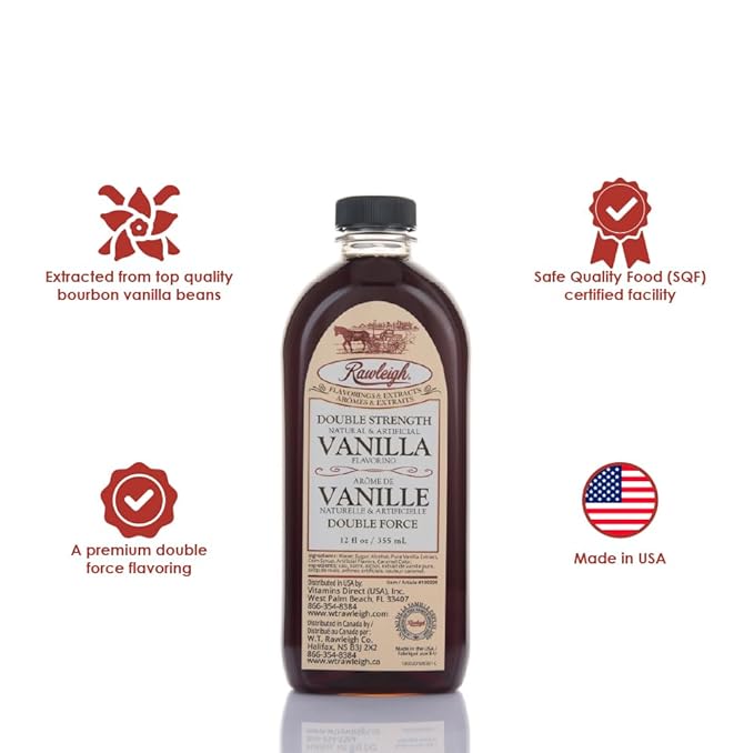 Rawleigh Double Strength Vanilla Flavoring: 12 fl oz, Pure Bourbon Madagascar Vanilla Beans, Premium Flavoring for Baking Cookies, Cakes, & Desserts, Ice Cream, & Desserts, 2X Strength - Pack of 1