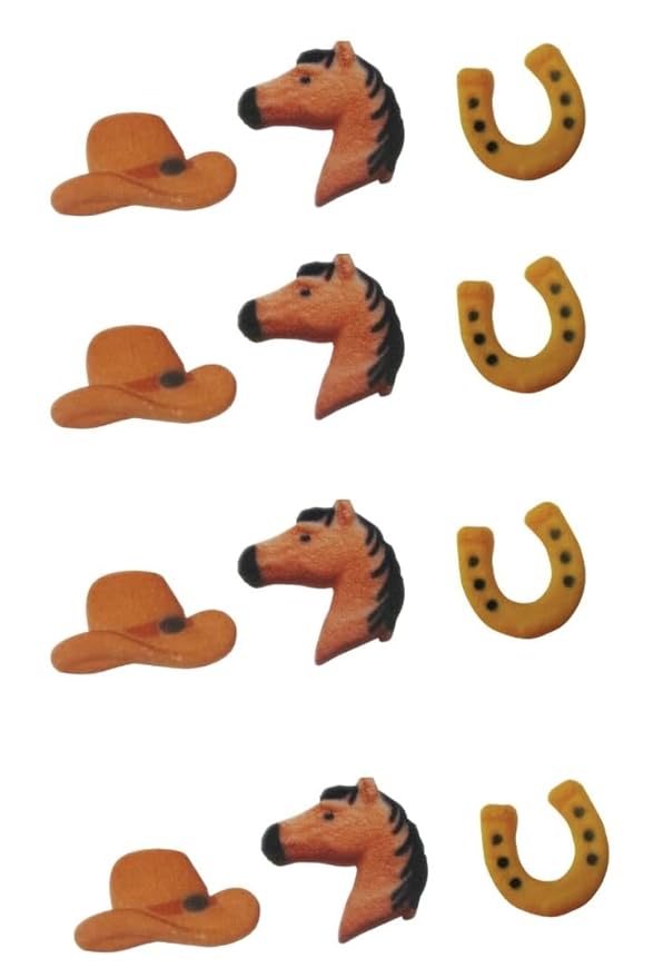 Western - Cowboy Hat, Horse and Horse Shoe Edible Sugar Cake Toppers, 12 Count