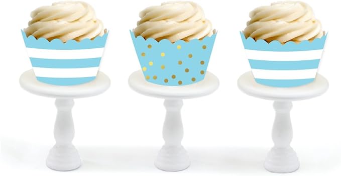 Andaz Press Party Cupcake Wrapper Decorations, Baby Blue Stripes and Metallic Gold Ink Polka Dots, 24-Pack, Theme Colored Bulk Cake Supplies