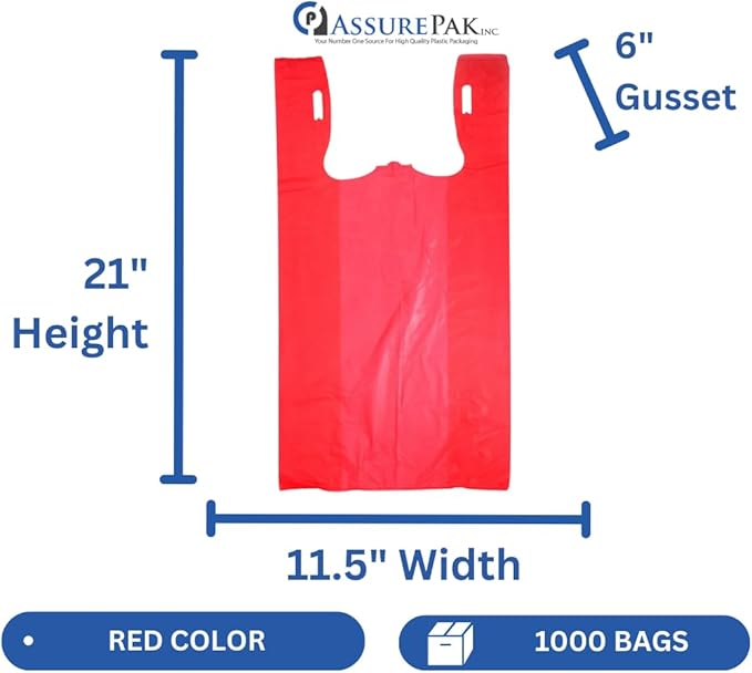 ASSUREPAK Easy Open - 1000 Bags - Colored Unprinted HDPE T-Shirt Bags - 1/6 BBL 11.5"X6"X21" - 13 microns - Red - Perfect for Groceries, Shopping and Retail Stores LOOP-RED-EO