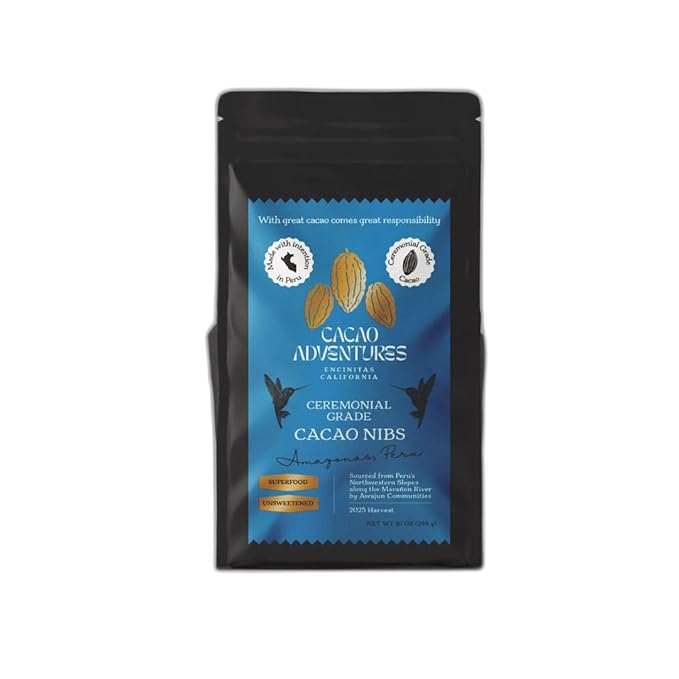 Cacao Adventures Raw Cacao Nibs Unsweetened, Made from Whole Cacao Beans, 10 oz – Wild Strains, Lab-Tested Low Heavy Metals | High Amazon Basin - Peru | Keto, Vegan, Gluten-Free Superfood | Crunchy Snack for Smoothies, Baking & Toppings